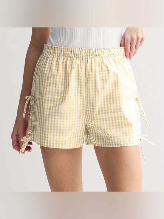 Pants - Threads of Luxx Juniors XL Yellow Gingham Side Tie Shorts NWT Cotton Pull On.